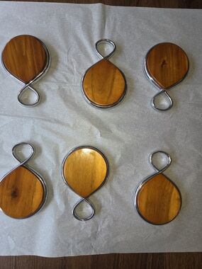 Nambe Chrome and Warm Honey Wood Teardrop Drink Coasters - Set of Six